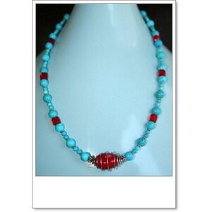 Hand made necklace w/Chalk Turquoise glass bead sterling silver sea bamboo